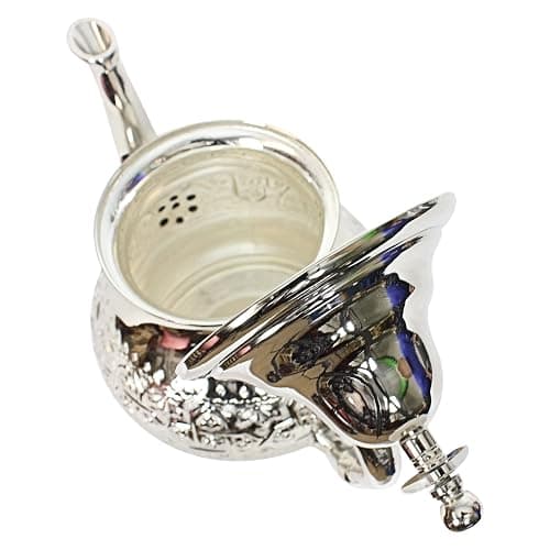 Moroccan Teapot Set Engraved Large: Silver Tea Pot with Integrated Filter and Teapot Holder, 6 Multicoloured Tea Glasses and Silver Tray, Handmade in Morocco, Serving Mint Tea Gift Set thumbnail 6