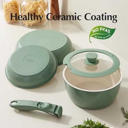 Redchef Ceramic Cookware Set, Removable Handle Pots And Pans Non Stick, Rv Cookware Set, Non Toxic Pots And Pans Set No PFAS & PTFE & PFOA, Detachable Pots And Pans, Dishwasher & Oven Safe (Green) - Green thumbnail 2