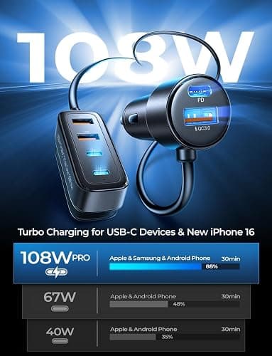 AINOPE PD&QC 108W Multiple Ports Car Charger, Cigarette Lighter USB Charger | Car Charger Adapter Fast Charging for iPhone 17 [+5FT Cable], for Ulefone Note 18 Ultra, 12V Road Trip Essentials for Kids thumbnail 3