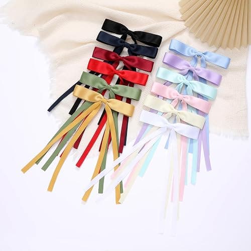 Slevaty Hair Bows Set: 12 PCS Ribbon Bowknot Clips and Barrettes with Long Tails for Women and Girls (12 Color Mixing) thumbnail 5