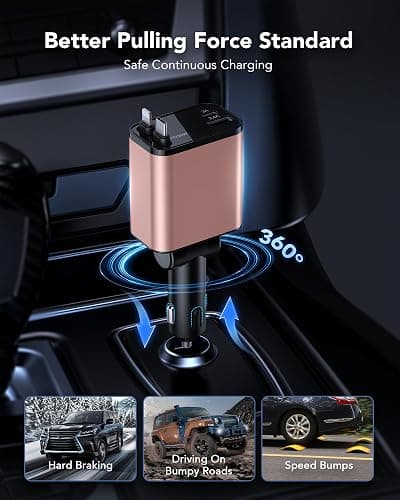 69W Retractable Car Charger, 4-in-1 Fast Car Phone Charger with 2.6ft Two Retractable Cables and USB C+USB A Car Charging Block Cube, Compatible with iPhone 14 15 16 17 Pro Max Plus,Galaxy,Pixel(Pink) thumbnail 7