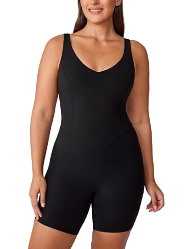 UNISSU Hugcurve V Neck Jumpsuits for Women Workout One Piece Athletic Rompers with Built in Bra Sleeveless Bodysuit Shorts - Image 1