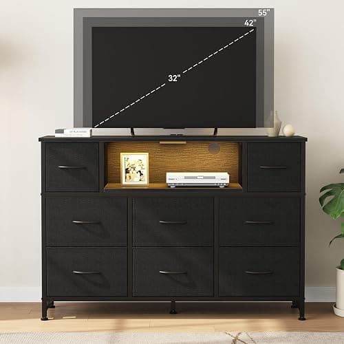 DUMOS TV Stand Dresser with 8 Fabric Drawers and Open Shelves, LED Entertainment Center with Charging Station, Wood Top Media Console for 45-55 inch TV Stand, Bedroom, Black thumbnail 2