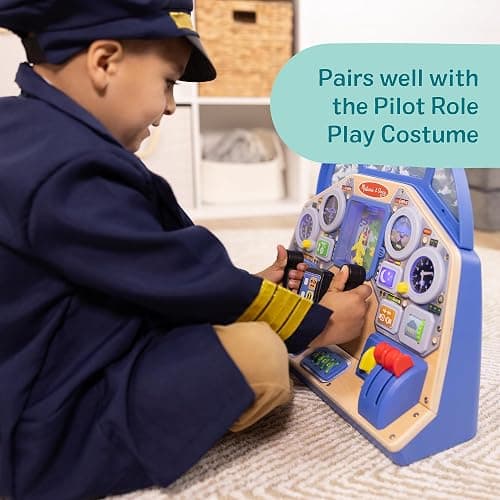 Melissa & Doug Jet Pilot Interactive Dashboard, Pretend Play Airplane Cockpit with Steering Yoke, Lights, Sounds, Buttons & Switches for Fidget Play, Wooden Toys for Kids Ages 3+ - FSC Certified thumbnail 5