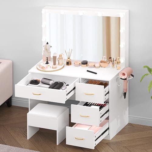 DWVO LED Makeup Vanity Table with 3 Light Modes, 4 Storage Drawers, Built-in Power Outlets & Hairdryer Holder, Dressing Table with Cushioned Stool thumbnail 3