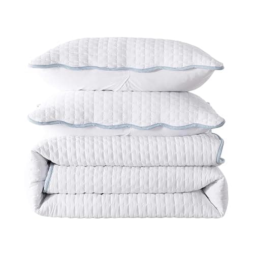 WDCOZY White Queen Size Quilt Bedding Set, Scalloped Farmhouse Country Rustic Lightweight Soft Coverlet, Cute Cozy Kantha Pick Stitch Bedspread, 2 Pillow Shams, Blue Edge White Stitching thumbnail 7