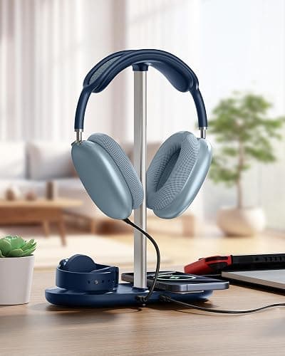 HiWe 3-in-1 Headphone Stand - Universal Desktop Gaming Headset Holder with Wireless Charger for Phones/AirPods/iWatch, Aluminum Alloy Rod, Leather Pad, ABS Solid Base, Blue thumbnail 7