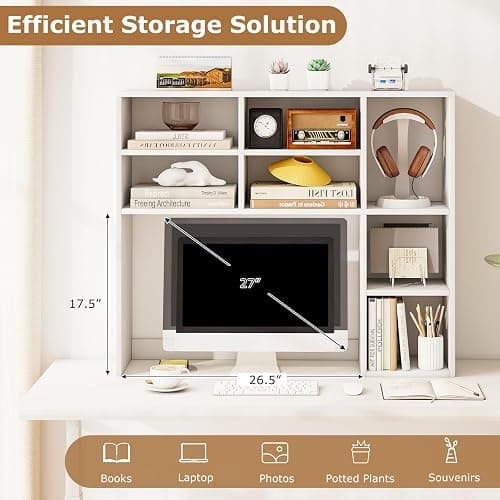 Tangkula Desktop Bookshelf, 37" Countertop Storage Hutch with 7 Cubes & 3 Adjustable Shelves, 3-Tier Desk Display Rack Organizer, Multipurpose Wood Desktop Hutch for Dorm Home Office (White) thumbnail 6