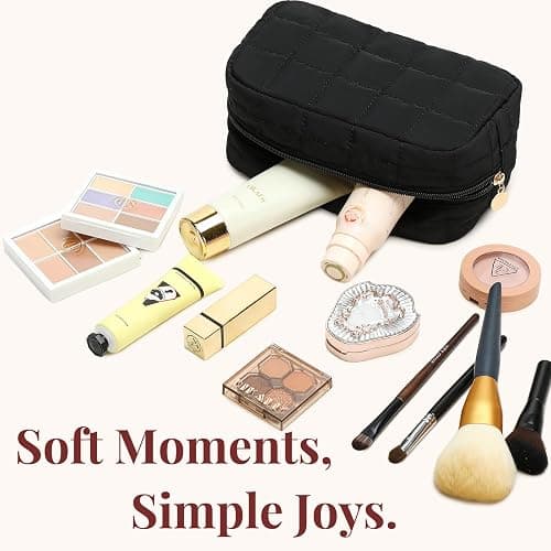 Makeup Bag, Quilted Puffy Travel Toiletry Bag with Compartments, Wide-Open Cosmetic Bag for Women, Pouch Purse Organizer, Black thumbnail 5