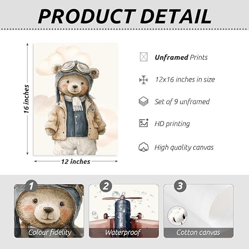 Teddy Bear Nursery Wall Art Decor Baby Boys Room Canvas Poster Vintage Nursery Wall Decor Navy Blue Kids Room Prints Airplane Pictures Travel Bear Painting Artwork for Bedroom 12x16x9 Inch Unframed thumbnail 2