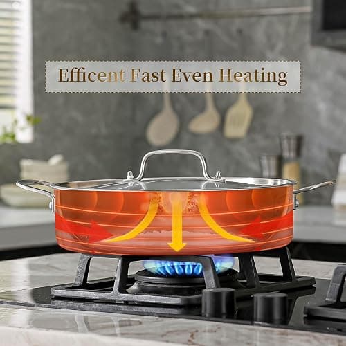 DELARLO Tri-Ply Stainless Steel Braiser Pan with Lid 5 Quart Nonstick Induction Rondeau Cooking Pot 12inch Deep Frying Pan Large Saute Pan Heavy Duty,Dishwasher and Oven Safe to 550℉ thumbnail 2