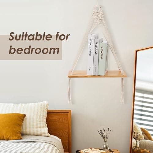 Sunkaioo Macrame Wall Hanging Shelf Set of 2,Boho Wooden Display Floating Shelves for Wall Decor with Handmade Woven Rope,Farmhouse Rustic Plant Shelf for Bedroom Dorm Nursery Living Room Bathroom thumbnail 6
