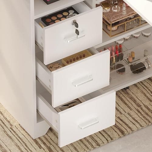WLLPNG Foldable Nail Desk for Nail Tech, Portable Manicure Table, L Shape Nail Table with Power Outlets & Lockable Drawer & Shelves, Professional Nail Tech Workstation for Home Salon (White) thumbnail 5