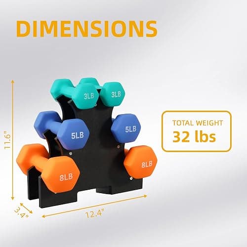 Fitvids Colored Neoprene Dumbbell Set with Rack, Multiple Weight Options, 20LBS, 32LBS, 50LBS and 56LBS Sets thumbnail 2