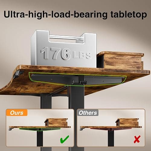 Veken 47.2"×27.6" Standing Desk with Storage Drawers, Adjustable Height Computer Table with Monitor Shelf, Home Office Desk for Study, Gaming, Workstation, Brown thumbnail 4