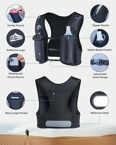 Zelvot Running Vest for Women Men, USA Original Patent, Adjustable Chest Straps Running Hydration Vest with 500ml Soft Flask, Breathable Reflective Hydration Backpack for Marathon - Black - XS-S thumbnail 5