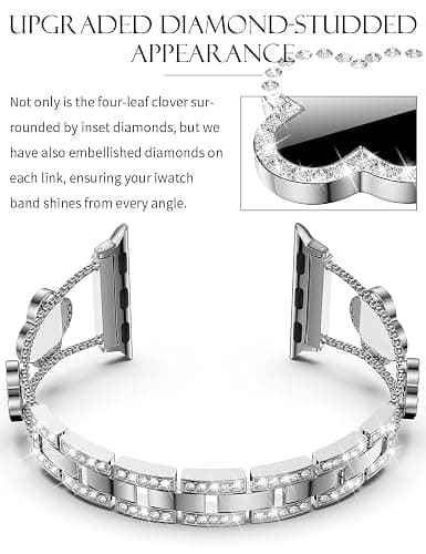 CTYBB Bling Diamond Band Compatible with Apple Watch Bands for Women 40mm 41mm 38mm 42mm Series 11 10 9 8 7 6 5 4 SE 3 2 1, Sparkle Metal Bracelet Wristband, Cute Lucky Clover Dressy iWatch Band,Silver/Black thumbnail 4