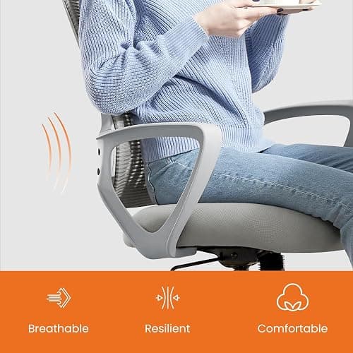 Sweetcrispy Office Computer Desk Managerial Executive Chair, Ergonomic Mid-Back Mesh Rolling Work Swivel Chairs with Wheels, Comfortable Lumbar Support, Comfy Arms for Home,Bedroom,Study,Student,Grey thumbnail 8