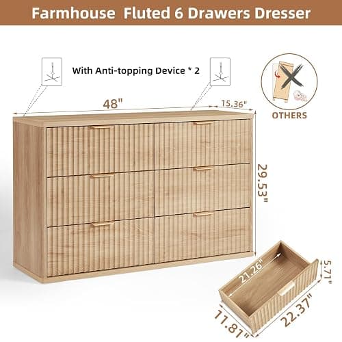 LEYAOYAO Fluted 6 Drawers Dresser, 48" Wide Modern Chest of Drawers with Wood Grain Top, Curved Profile Design, Dresser TV Stand, Wood Drawer Organizer for Bedroom, Living Room, Hallway,Natural thumbnail 2
