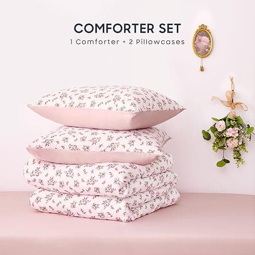 Wake In Cloud - Floral Comforter Set, Coquette Cottagecore Aesthetic Flower Shabby Chic Pattern for Women Teen Girls, Soft Lightweight Bedding, 3 Pieces, Pink, Twin/Twin XL Size - Twin/Twin XL - Pink thumbnail 2