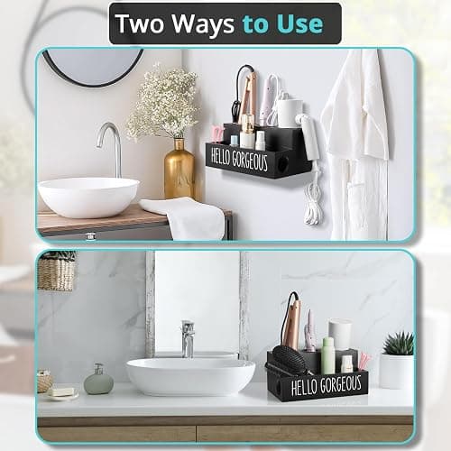 Bivvclaz Hair Tool Organizer Wall Mount, Wooden Hair Dryer Holder Countertop, Hot Tools Organizer for Hair Styling Accessories, Bathroom Supplies Vanity Caddy for Curling Wand, Blow Dryer, Black - Black thumbnail 5
