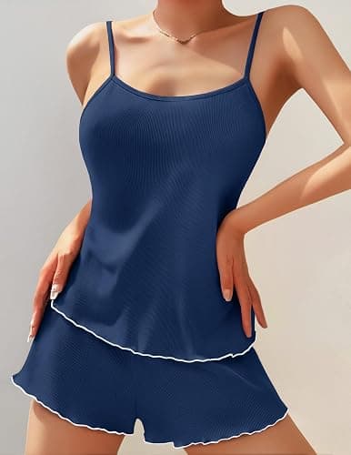 Ekouaer Womens Cami Pajama Sets 2 Piece Ribbed Knit PJs Soft Lingerie Sleeveless Tank Top and Shorts Camisole Lounge Set thumbnail 2