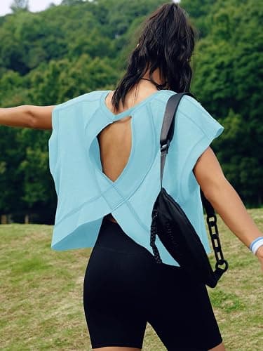 SENSERISE Womens Open Back Workout Tops Backless Short Sleeve Athletic Shirt Running Crop Top Gym Yoga Tee thumbnail 4