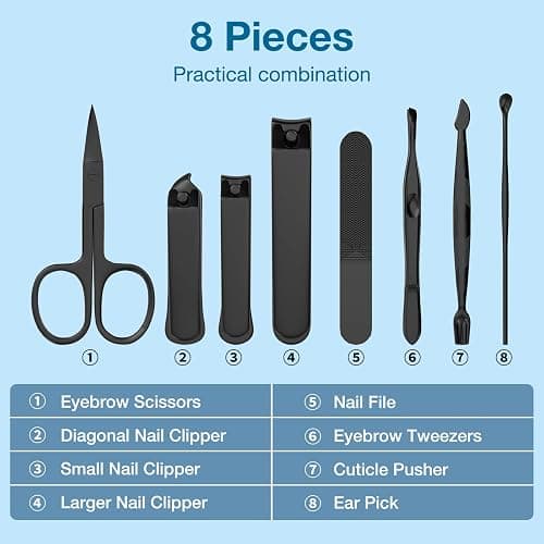 OFIDUS Precision 8 Pieces Men’s Nail Grooming Travel Kit, Stainless Steel Manicure Set with Fingernail & Toenail Clippers, Nail File, Slant Tip Tweezers, Cuticle Scissors, Cuticle Pusher, Travel Case thumbnail 5