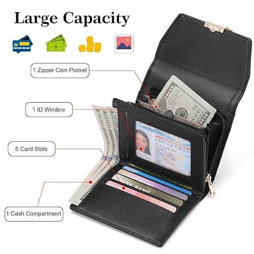 RNIEGA Small Wallet Women Leather RFID Blocking Card Holder Compact Wallet Zipper Coin Pocket with ID Window thumbnail 4