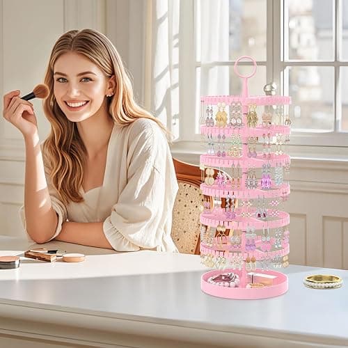 iDavosic.ly 6 Tier Rotating Earring Holder Organizer with Metal Tray, Adjustable Plastic Dangle Display Stands Tree with 342 Grooves, Large Hoop Storage Rack Tower, Pink thumbnail 2