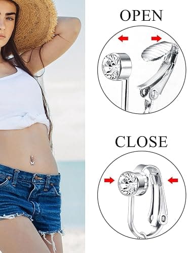QWALIT Gold Fake Belly Piercing Cubic Zircon Butterfly Clip on Belly Button Rings Stick on Navel Ring Studsnon Piercing Fake Piercing Jewelry Pink Heart Silver Sticky Balls no Pierced thumbnail 5