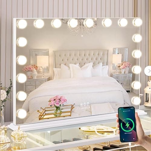 FENCHILIN Miroir Maquillage avec 18 Ampoules LED Miroir Coiffeuse Lumineux avec Port USB Grand mirroir maquilleur Lumineux avec 3 Modes déclairage Miroir Hollywood Coiffeuse Blanc 80x60 cm - Image 1