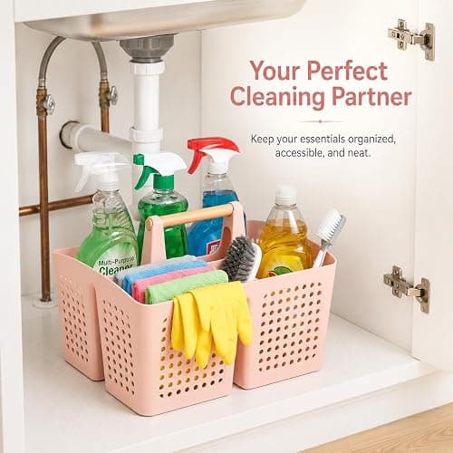 PAKCHOICE Portable Shower Caddy Basket with Wood Handle, 3-Compartment Bathroom Organizer Tote with Drain Holes, Plastic Shower Basket for Dorm, Toiletries, Cleaning Supplies, Pink thumbnail 8