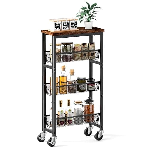 Honest Slim Storage Cart 4-Tier Slim Rolling Cart with Metal Frame and Wooden Top, 6.3 Inches, Storage Cart for Kitchen, Dining Room, Living Room, Bathroom, Home Office, Rustic Brown and Black thumbnail 3