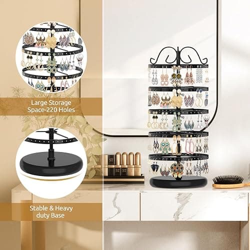 MODOWEY Rotating Earring Holder Organizer Stand, 5 Tier Metal Tree Display for Women Vendors, 220 Holes Adjustable Jewelry rack for Stud Hoop Dangle Storage, Trendy Carousel Keeps Dresser Neat, Black thumbnail 5