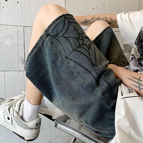 FENXIXIONE Mens Aesthetic Baggy Denim Loose Harajuku Y2k Fashion Streetwear Jean Jorts Spider Baggy Loose Straight Wide Leg Shorts thumbnail 4