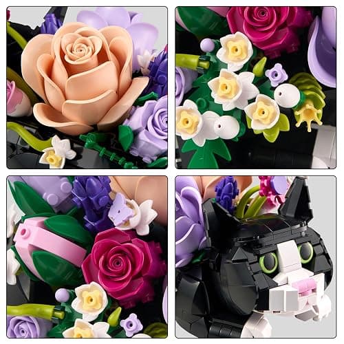 Tuxedo Cat Rose Bouquet Succulent Planter Building Blocks,Compatible with Lego Tuxedo Cat Flowers Pot,Creative Plants and Animals Decoration Rose Blocks Toys,Gifts for 18+ Girls, Women thumbnail 4