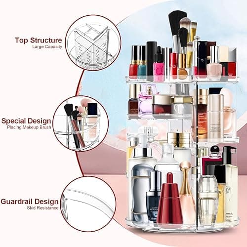 Makeup Organizer 360 Rotating Cosmetic Organizer DIY Adjustable Makeup Carousel Spinning Holder Rack, Large Capacity Cosmetic Storage Box Makeup Brushes Organizer for Vanity Countertop (Clear) - A-clear thumbnail 3