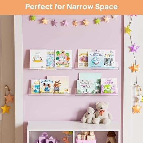 upsimples Acrylic Shelves for Bathroom Storage, 15" Floating Shelves Wall Organizer for Perfume, Make up, Skincare, Kids Bookshelf for Bedroom, Nursery, Living Room Decor, Clear, 4 Pack thumbnail 8