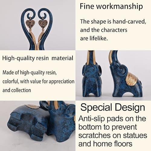 Blue Elephant Statue 2 Piece Set, Blue Home Decor, Love Elephant Statue Home Decor, Elephant Gifts for Women, Office, Shelf, Home Living Room Decor thumbnail 5