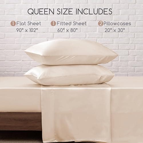 MR&HM Satin Bed Sheets, Queen Size Sheets Set, 4 Pcs Silky Bedding Set with 15 Inches Deep Pocket for Mattress (Queen, Beige) thumbnail 8