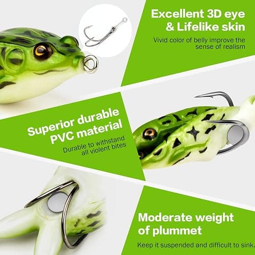 Topwater Frog Lure Bass Trout Fishing Lures Kit Set Realistic Prop Frog Soft Swimbait Floating Bait with Weedless Hooks for Freshwater Saltwater thumbnail 4