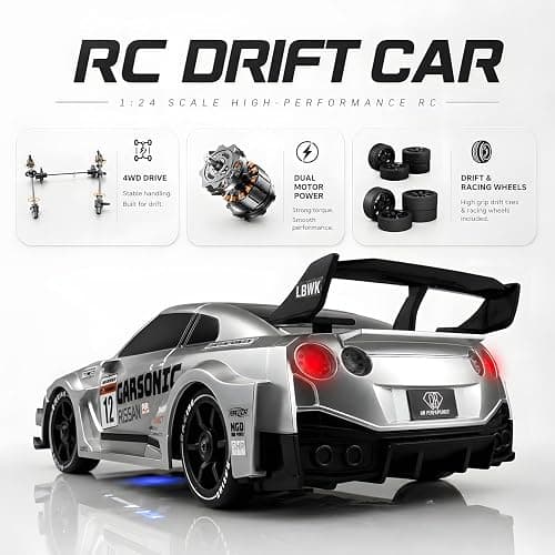 XGUICHEEN RC Drift Car, 1:24 Scale Remote Control Vehicle with LED Lights,Drifting Tires＆Two Batteries, Racing Sports Toy Idea Gift for Adults Boys Girls and Kids thumbnail 4