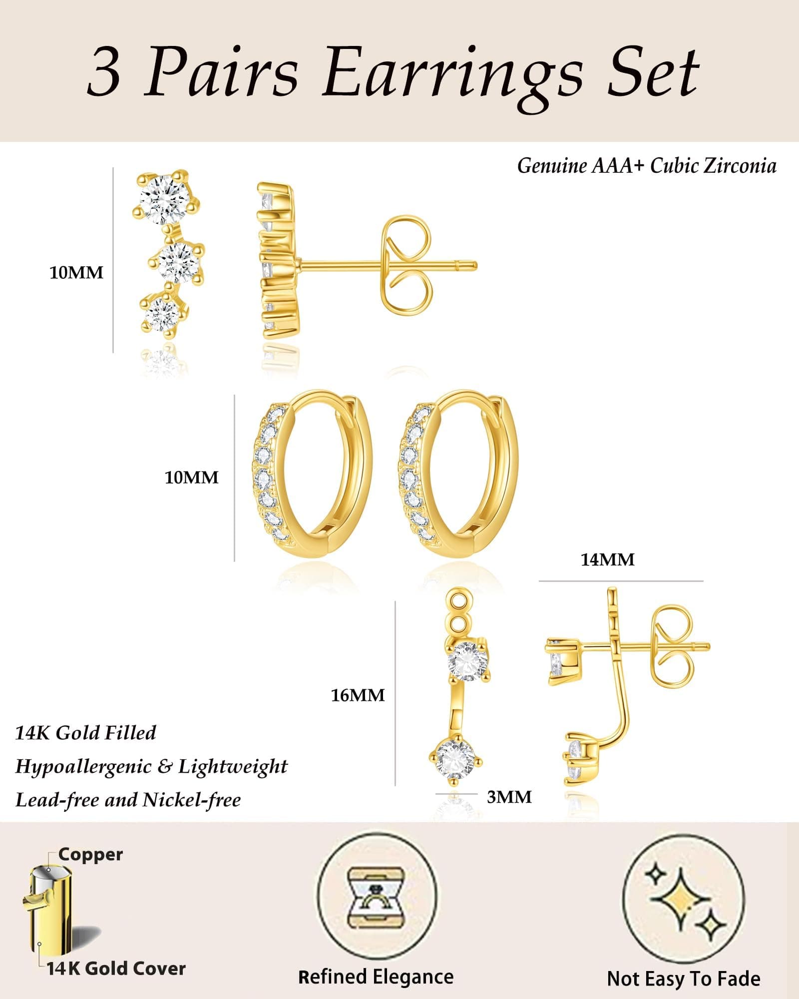 3 Pairs 14K Gold Plated Earrings Set for Women: Stud Earrings, Huggie Hoop Earrings Set for Multiple Piercings,Gold Earring Stack Hypoallergenic thumbnail 4
