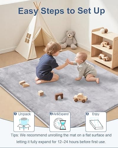 SEPARO Thick Baby Play Mat for Floor,Padded Foam 59x59 Playpen Mat,Ultra Soft Support&Plush Feel Nursery Rug,Non Slip for Toddler, Infants,Kids Play,Yoga,Baby Crawling,Tummy Time(Light Grey) thumbnail 5