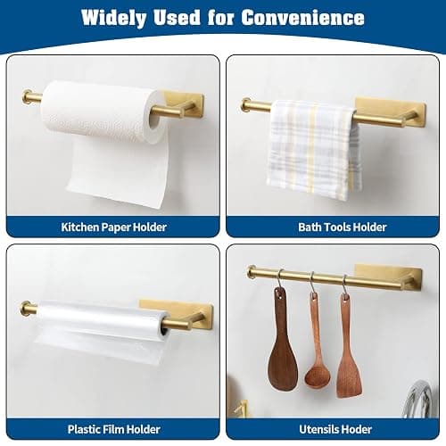 theaoo Paper Towel Holder for Kitchen, Adhesive Under Cabinet Paper Towel Roll Rack for Bathroom Towel, Wall Mounted Matte Black, SUS304 Stainless Steel(1, Gold) thumbnail 5