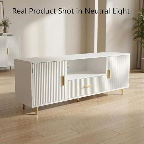 DIYART Modern Fluted TV Stand for 55/60/65 Inch TV, 57" Entertainment Center Media Console Table with Drawer & Storage Cabinets, Ribbed Design TV Cabinet Credenza for Living Room, White thumbnail 3