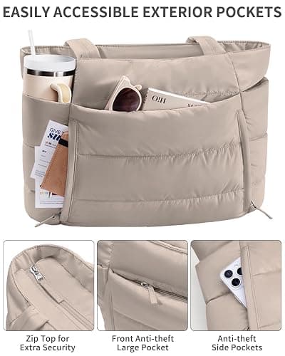 Bagstellar Puffer Tote Bag for Women, Lightweight Puffy Work Handbag Teacher Nurse Quilted Shoulder Bag for School Travel Gym | Cloud Bag w/ Zipper thumbnail 5