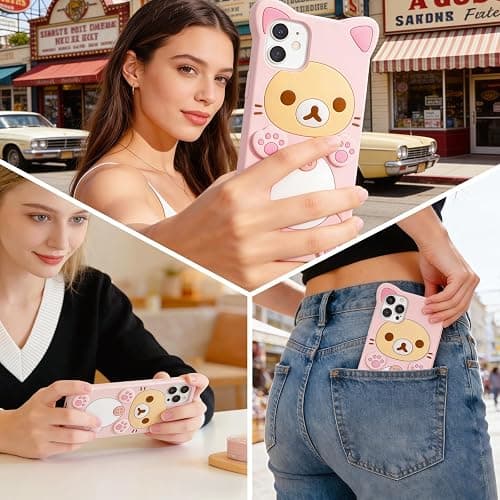 Cute Kawaii 3D Phone Case Compatible with iPhone 14 6.1" Cartoon Pink Bear Design Fashion Cool Funny Case Soft TPU Protective Case Silicone Cover for Girls Women Kids Pink thumbnail 6