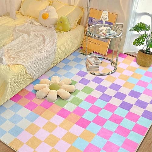 Multicolored Checkerboard Bedroom Rug Washable Ultra Thin Retro Funky Aesthetic Cute 4x6 Area Rugs for Living Room Nursery Kitchen Entryway Dorm, Pastel Colorful Checkered Geometric Carpet - Image 1